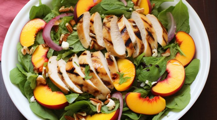 Салат зі смаженою куркою, кукурудзою та персиками