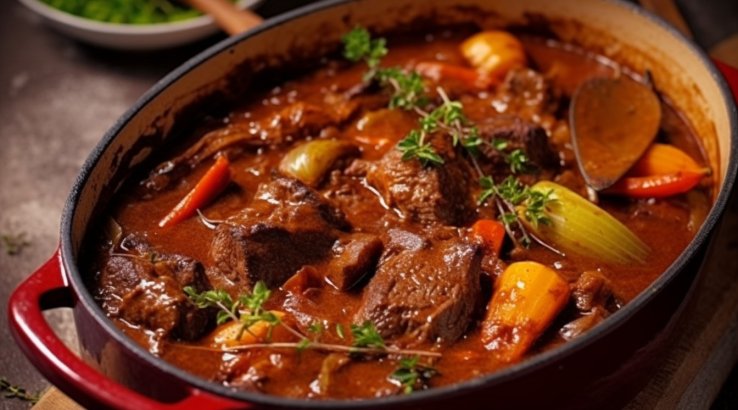 Яловичина з салом і овочами, тушкована в духовці