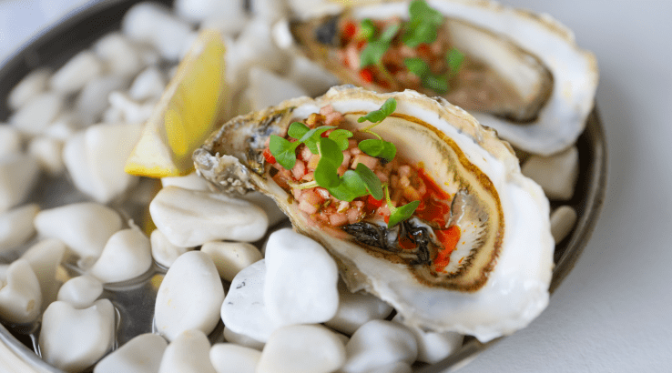 Устриці з тартаром з чилі та кінзою