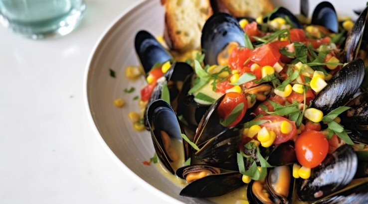 Мідії з кукурудзою, помідорами чері та естрагоном