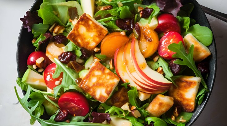 Салат з сиром халумі, персиками та черешнями