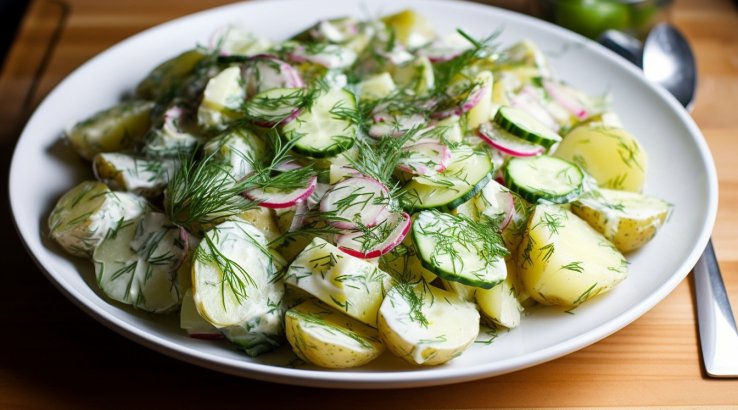 Теплий салат із запеченою картоплею, огірками та редискою