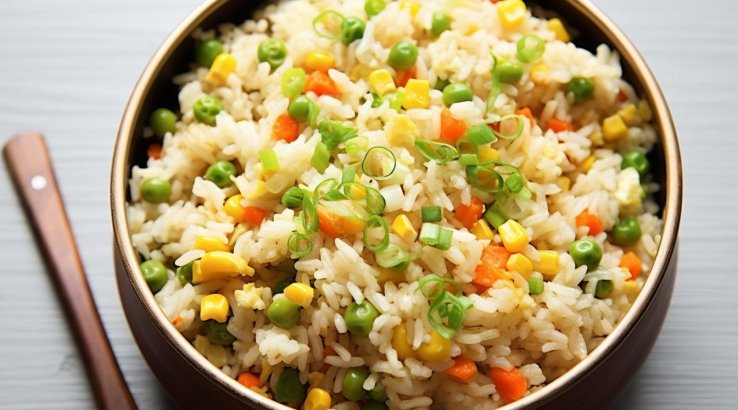 Літній рис із зеленим горошком і кукурудзою