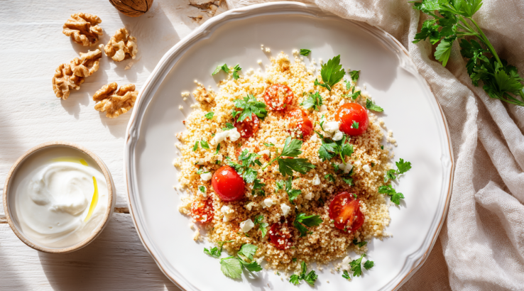 Смажений кускус із зеленню та томатами