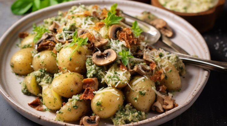 Салат з молодою картоплею, грибами та песто