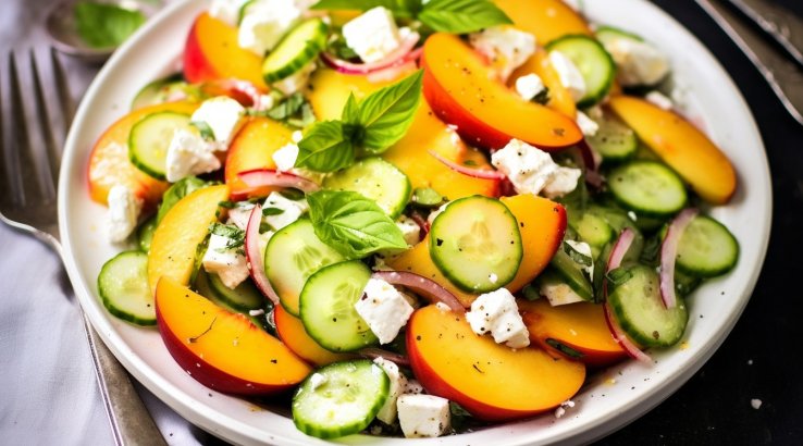 Легкий салат з нектаринами, огірками, базиліком та козячим сиром