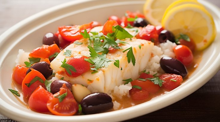 Запечена тріска з томатами і рисом