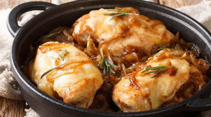 Курка з цибулею на сковороді