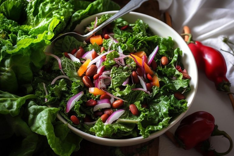 Салат з мангольдом і квасолею та кисло-солодкою заправкою
