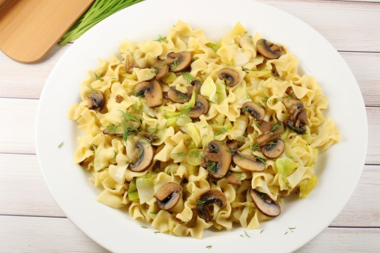 Макароны с&nbsp;грибами и&nbsp;капустой